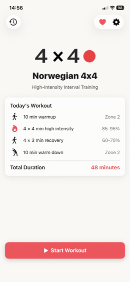 4x4 HIIT app home screen showing Today's Workout with 48 minute total duration